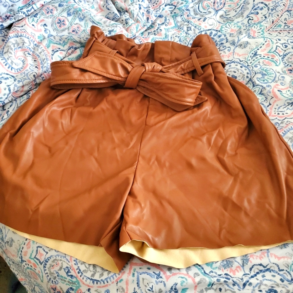 Cognac leather paperbag waist shorts